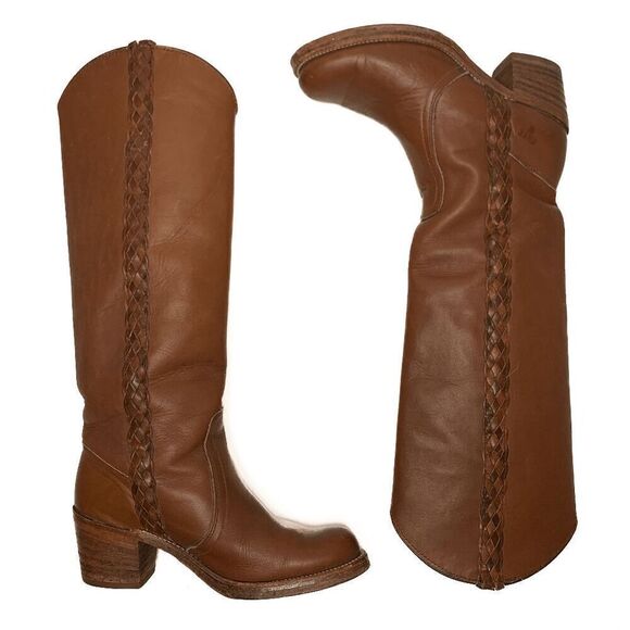 Frye Sabrina Braided Knee High Tall Heeled Leather Boots Size 6 Cognac Brown - Picture 5 of 8